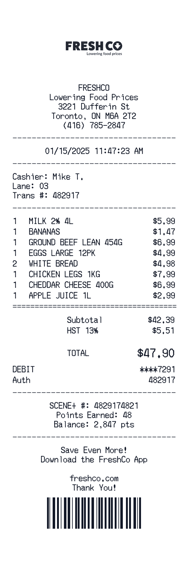 FreshCo receipt template example - grocery receipt with itemized details, prices, and payment information