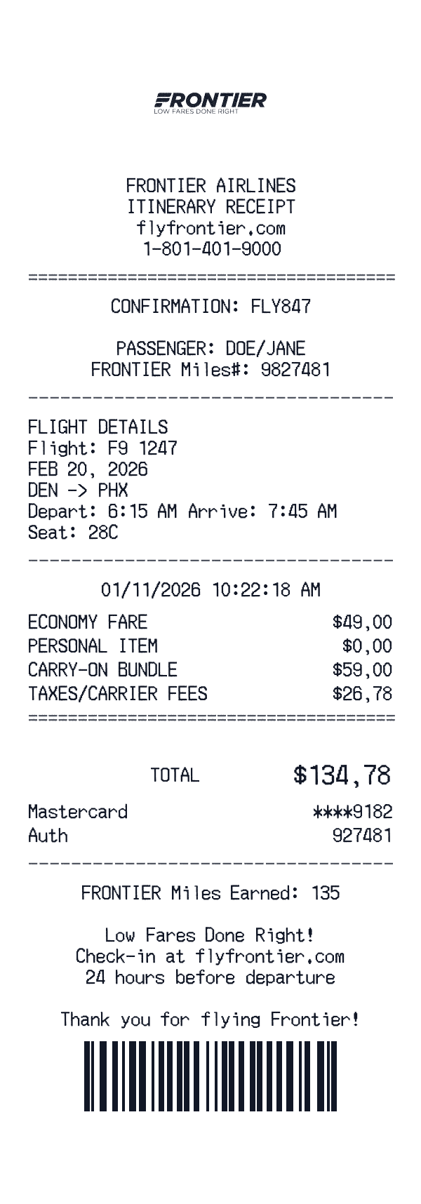 Frontier Airlines receipt template