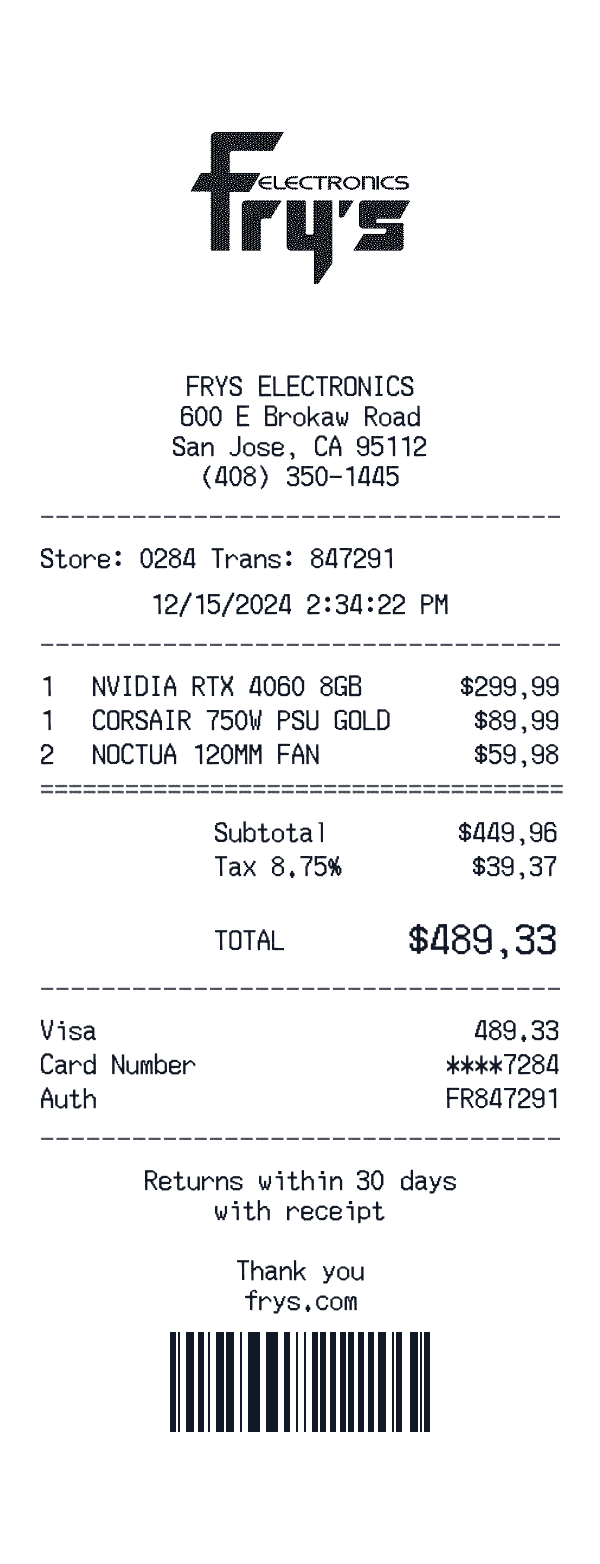 Frys Electronics receipt preview