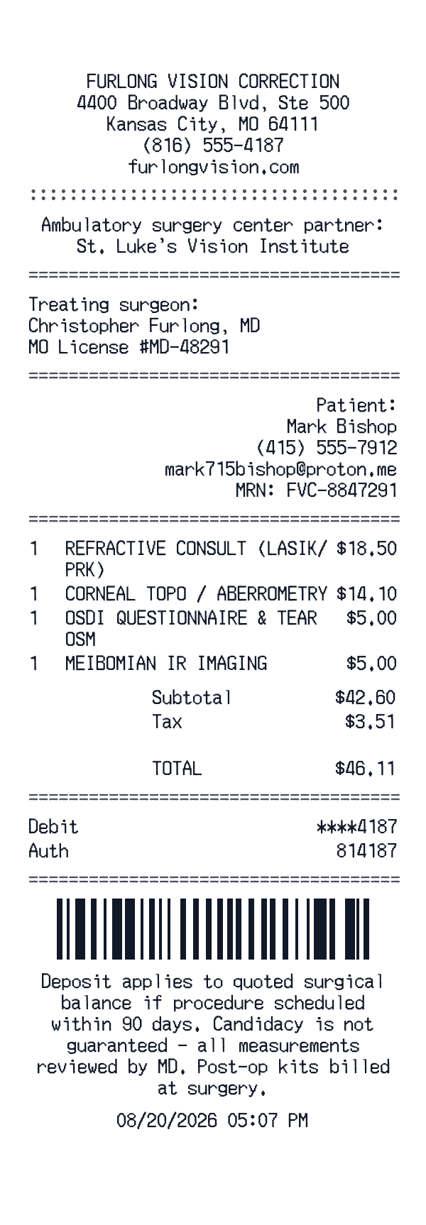Furlong Vision Correction receipt template generator preview