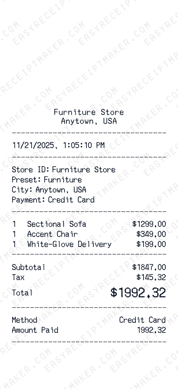 Furniture receipt template generator preview
