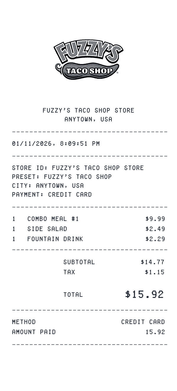 Fuzzy's Taco Shop receipt preview