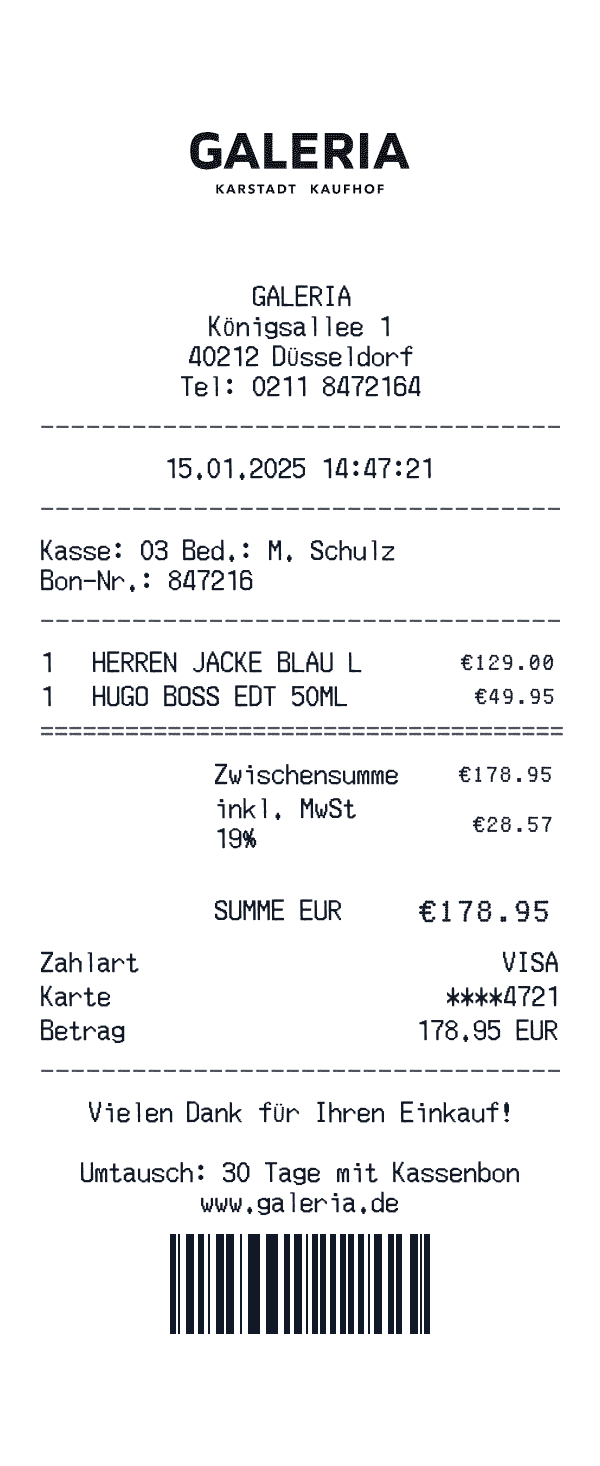 Galeria receipt template example - department store receipt with itemized details, prices, and payment information