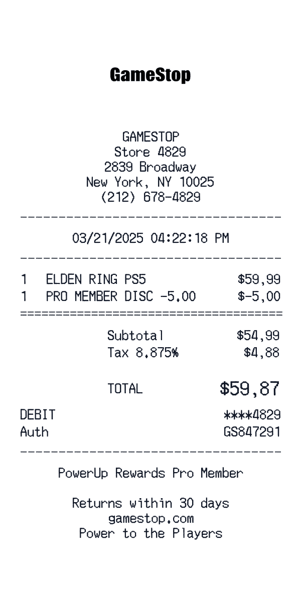 GameStop receipt preview