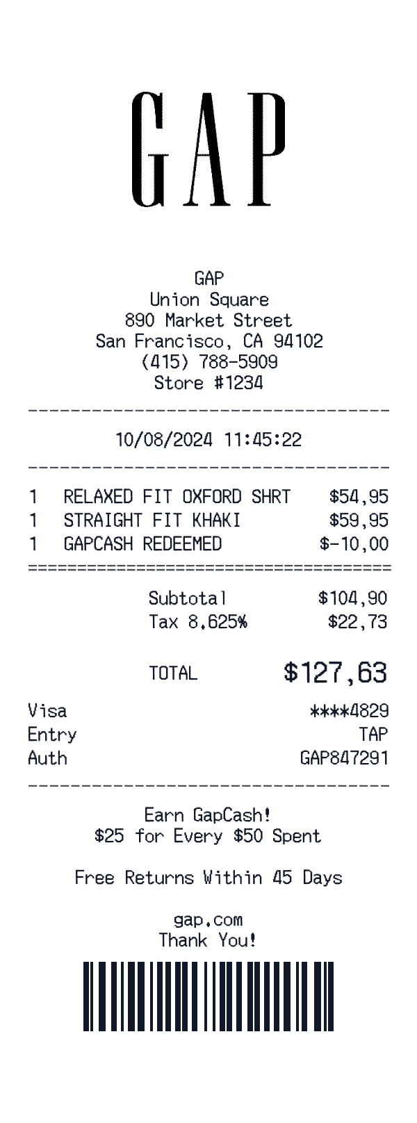 Gap receipt preview