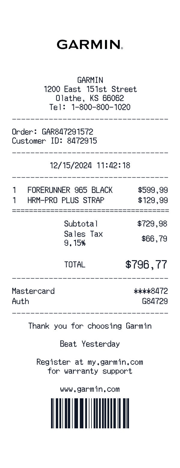 Garmin receipt preview