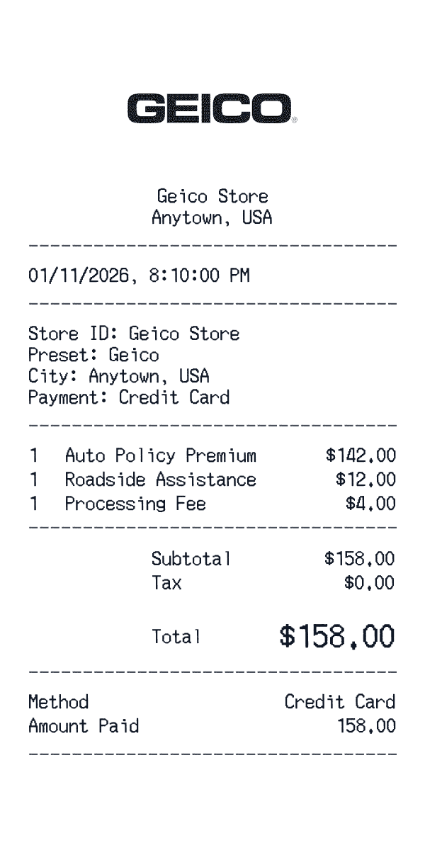 Geico receipt template example - insurance receipt with itemized details, prices, and payment information