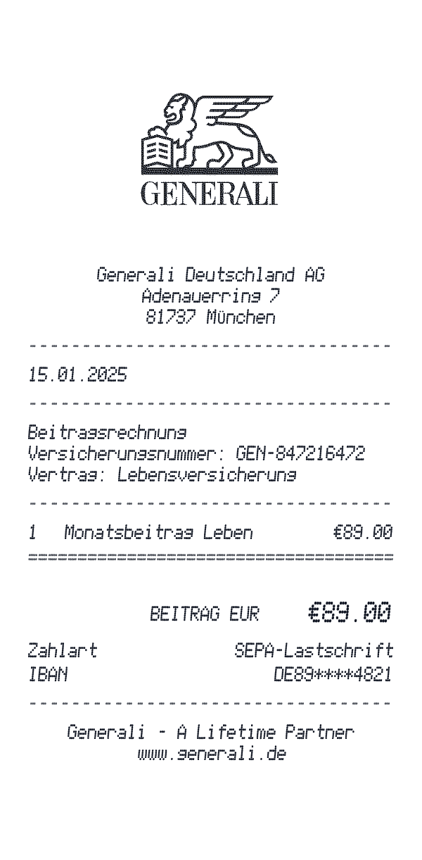 Generali receipt template example - insurance receipt with itemized details, prices, and payment information