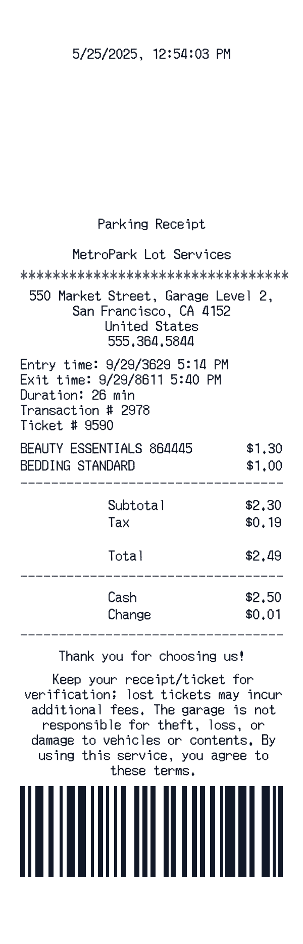 Generic Parking receipt template example