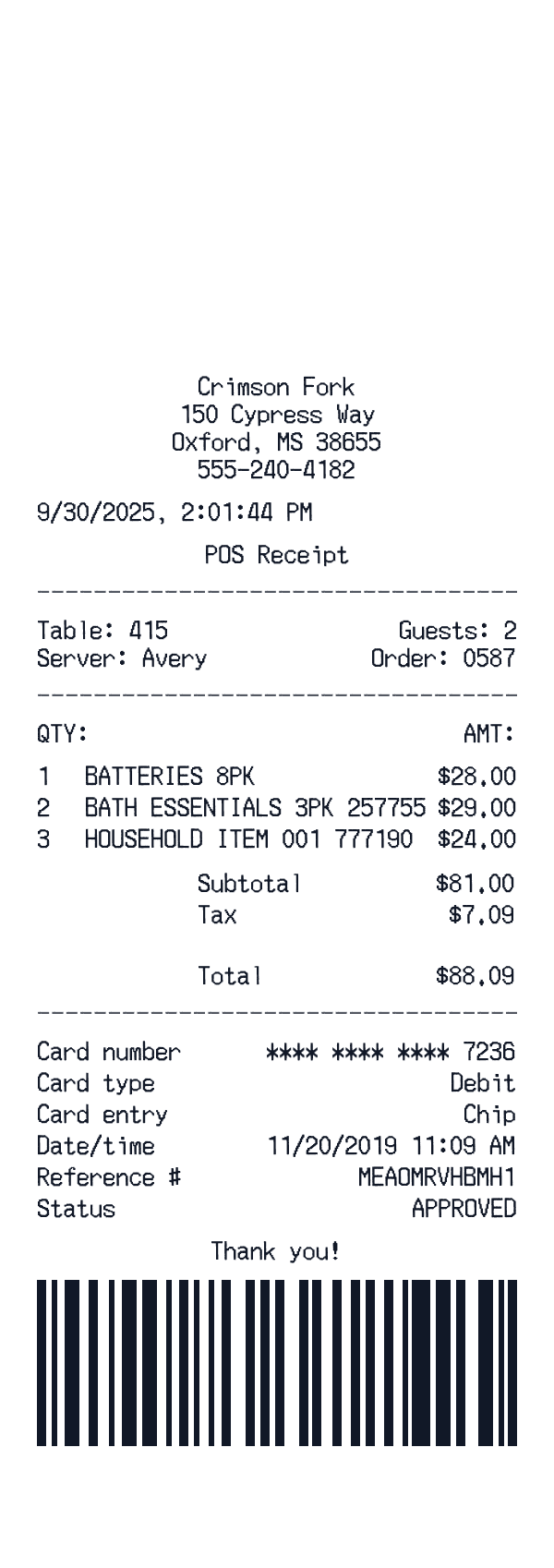 Generic POS receipt template generator preview