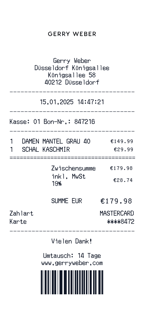 Gerry Weber receipt template example - clothing receipt with itemized details, prices, and payment information