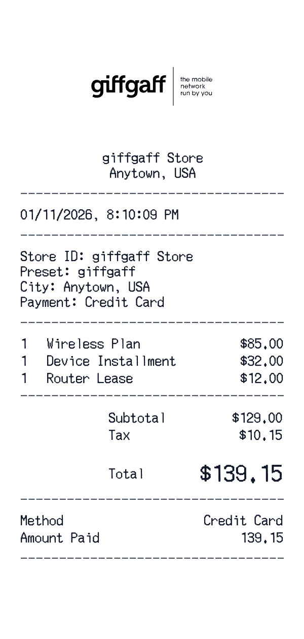 giffgaff receipt template example - telecom receipt with itemized details, prices, and payment information