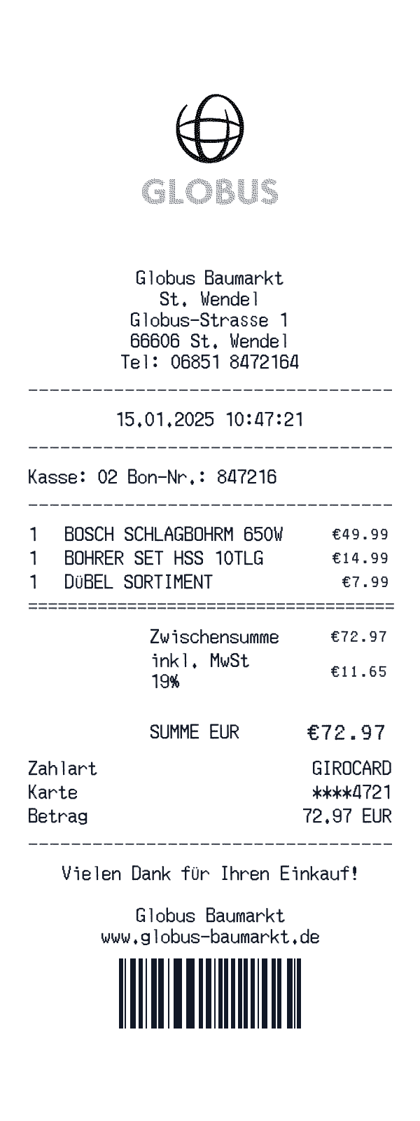 Globus Baumarkt receipt template example - home improvement receipt with itemized details, prices, and payment information