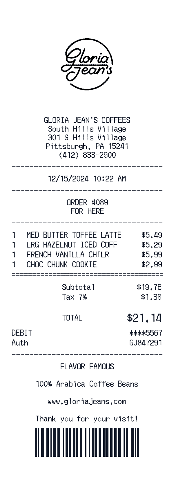 Gloria Jean's Coffees receipt template example