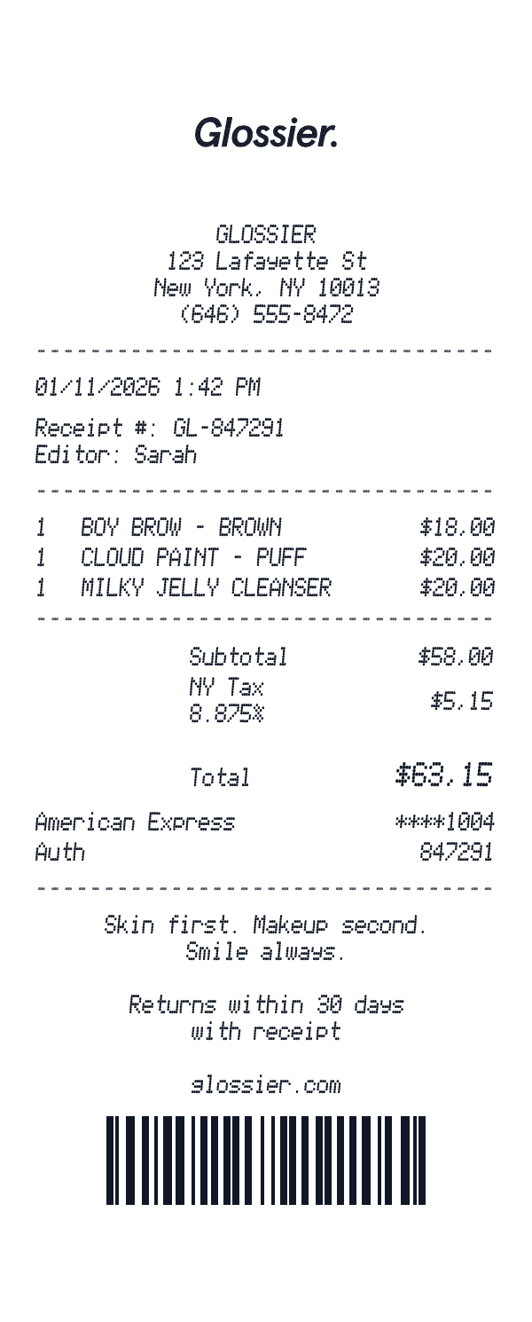Glossier receipt template example