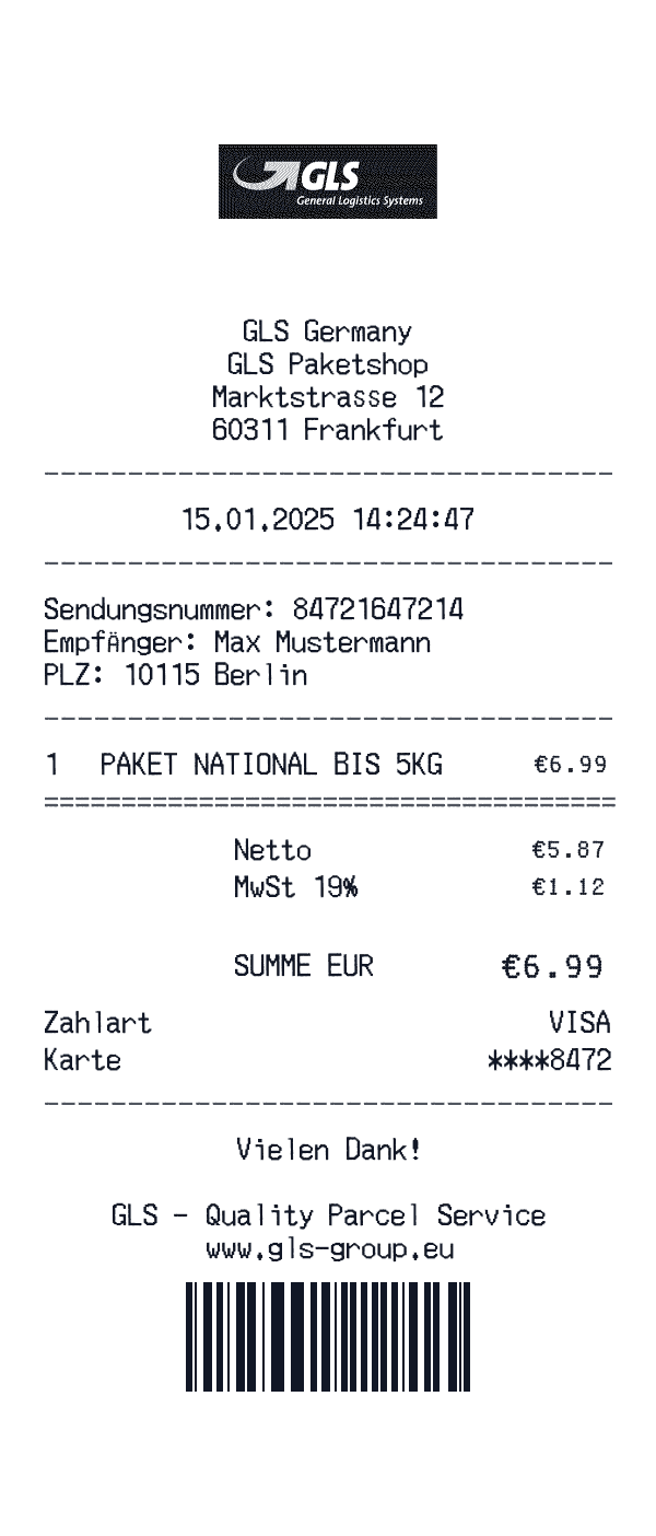 GLS receipt template example - shipping receipt with itemized details, prices, and payment information