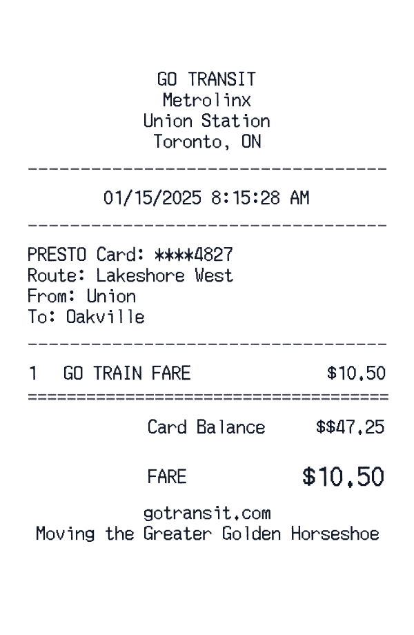 GO Transit receipt template example