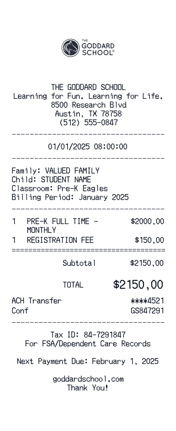 Goddard School receipt template example