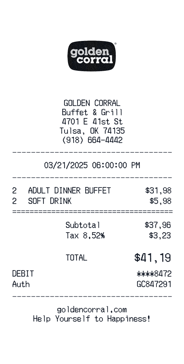 Golden Corral receipt preview