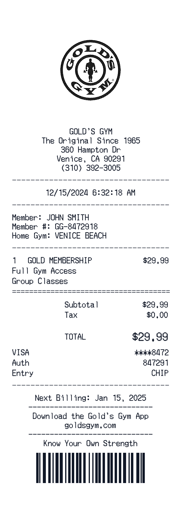 Gold's Gym receipt template example - fitness receipt with itemized details, prices, and payment information