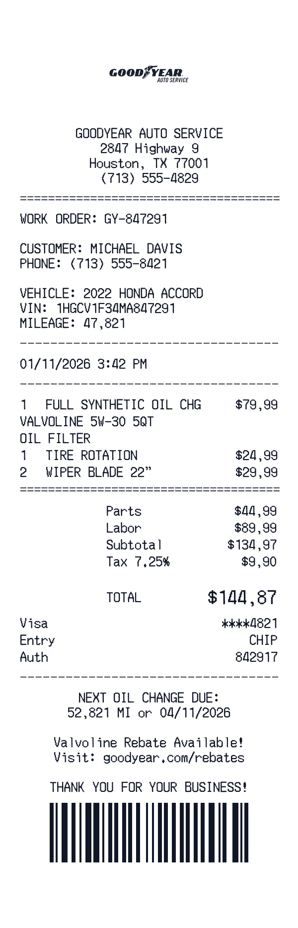 Goodyear Auto Service receipt template