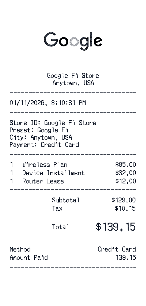 Google Fi receipt template example - telecom receipt with itemized details, prices, and payment information