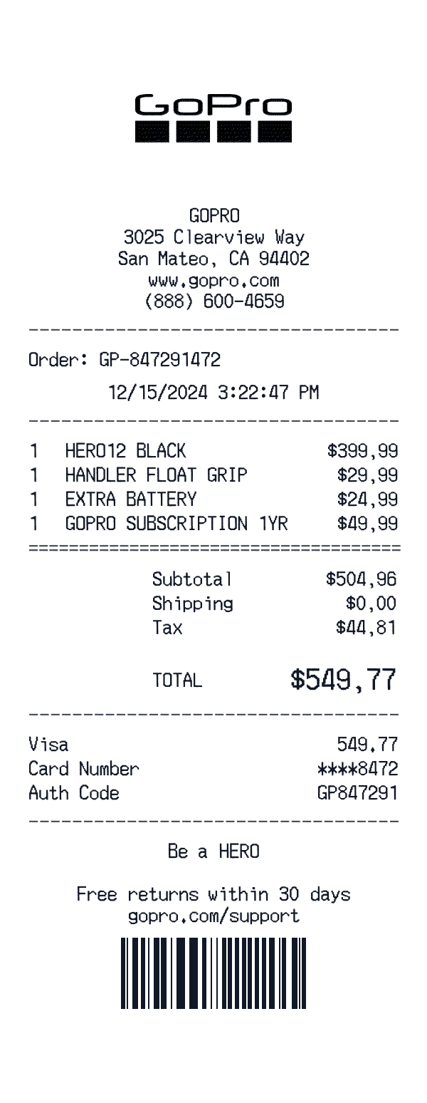 GoPro receipt preview