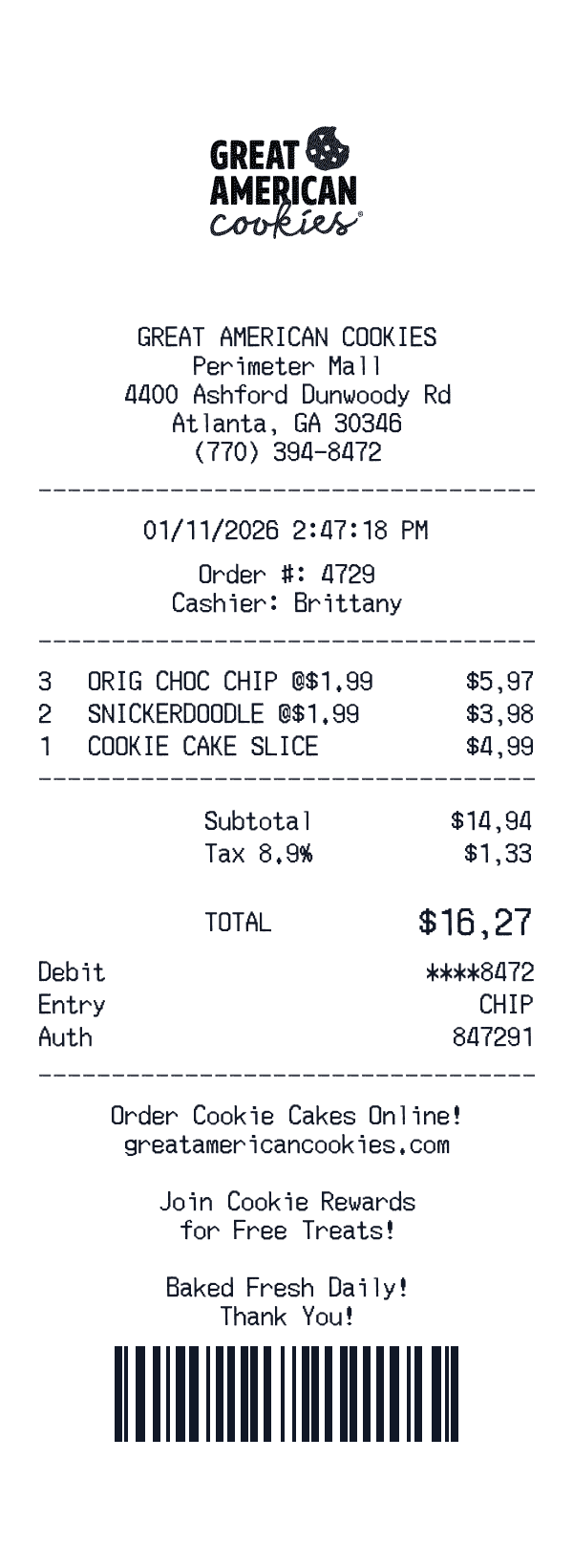 Great American Cookies receipt template example