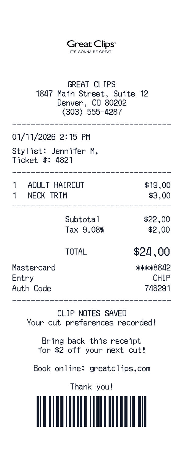 Great Clips receipt template example
