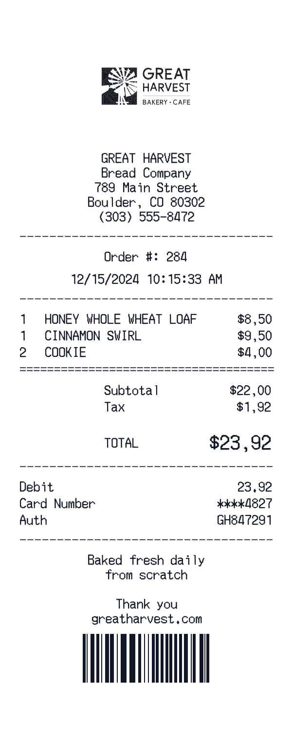 Great Harvest receipt preview