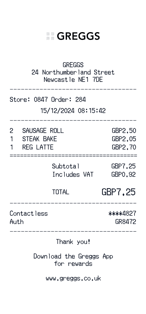 Greggs receipt preview