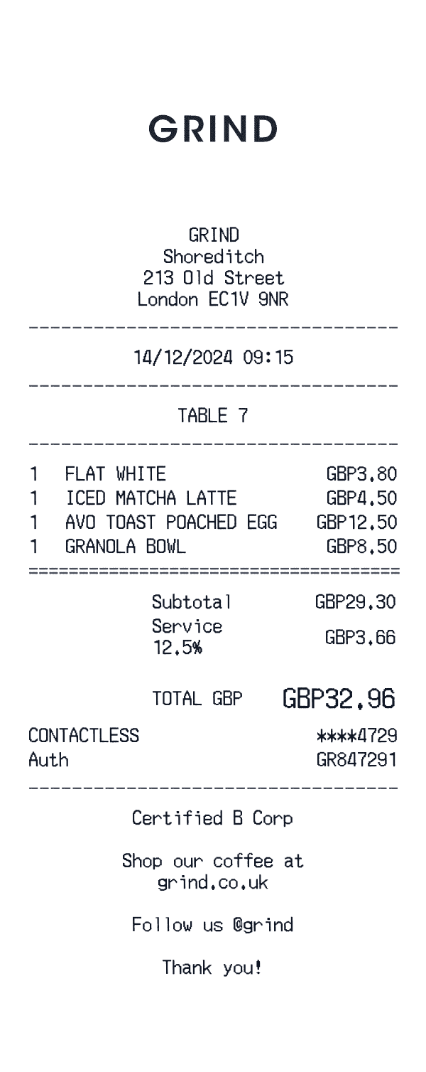 Grind receipt template example - coffee shop receipt with itemized details, prices, and payment information