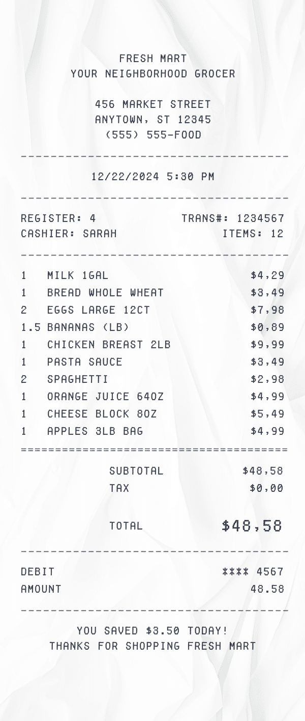 Grocery Receipt receipt template example - generic templates receipt with itemized details, prices, and payment information