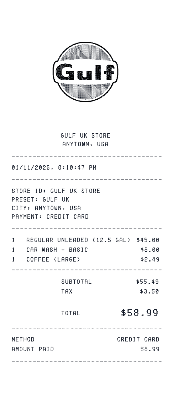 Gulf UK receipt template example - gas station receipt with itemized details, prices, and payment information
