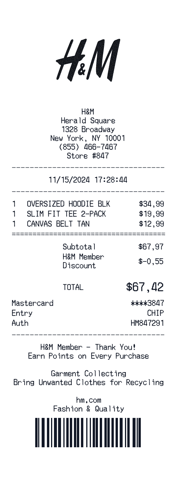 H&M receipt template