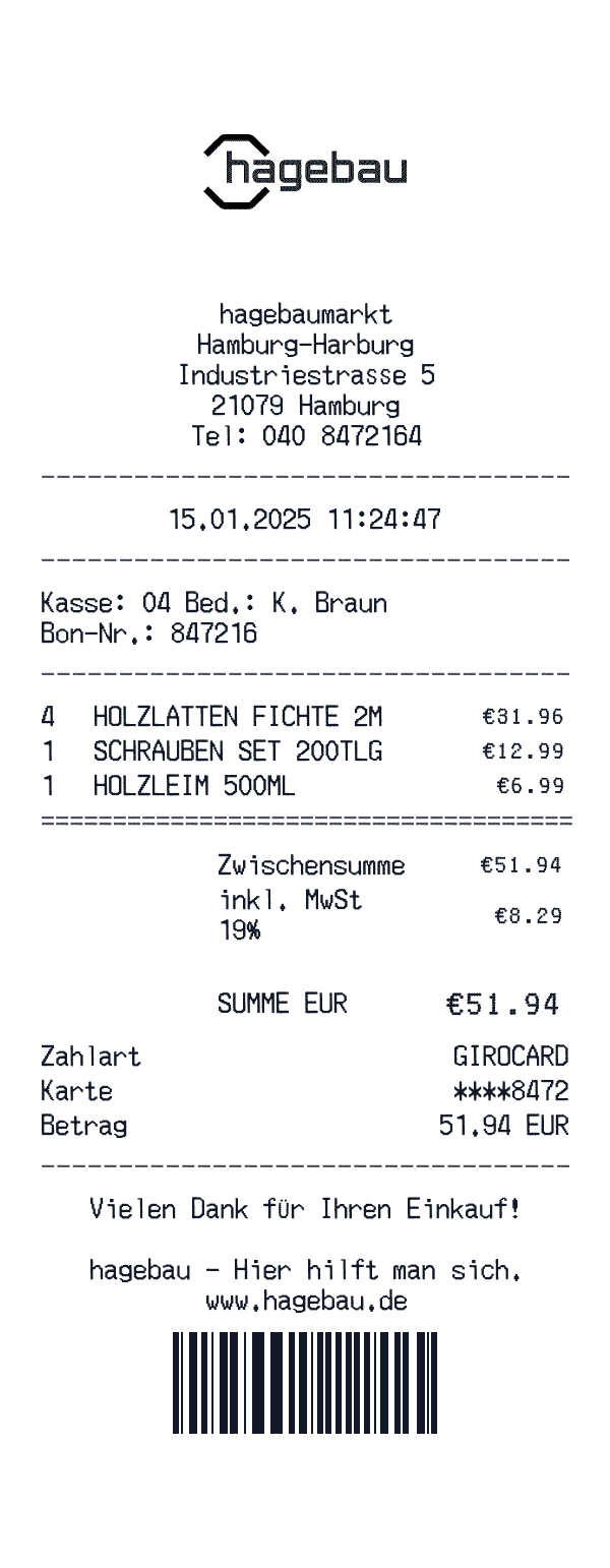 hagebaumarkt receipt template example - home improvement receipt with itemized details, prices, and payment information