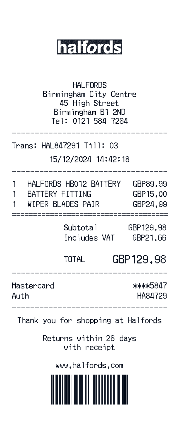 Halfords receipt template example