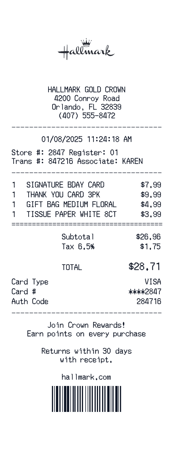 Hallmark Gold Crown receipt preview