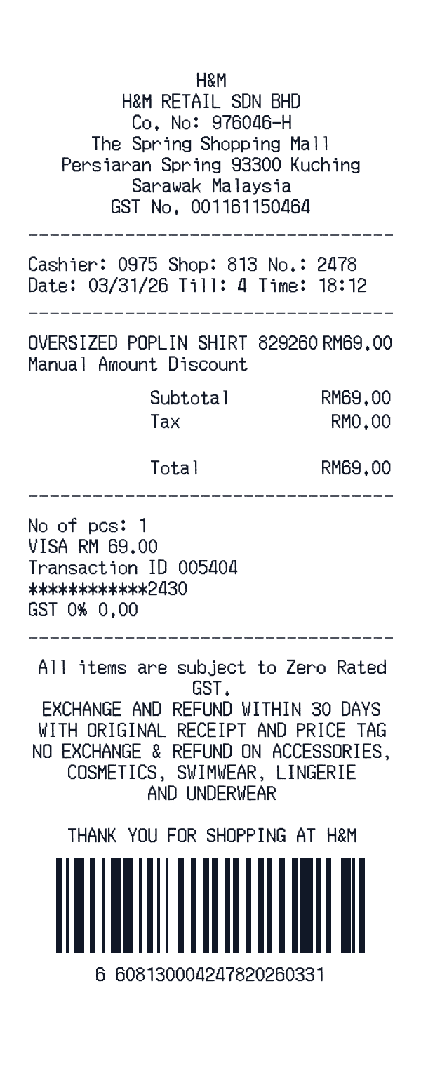 H&M receipt template generator preview