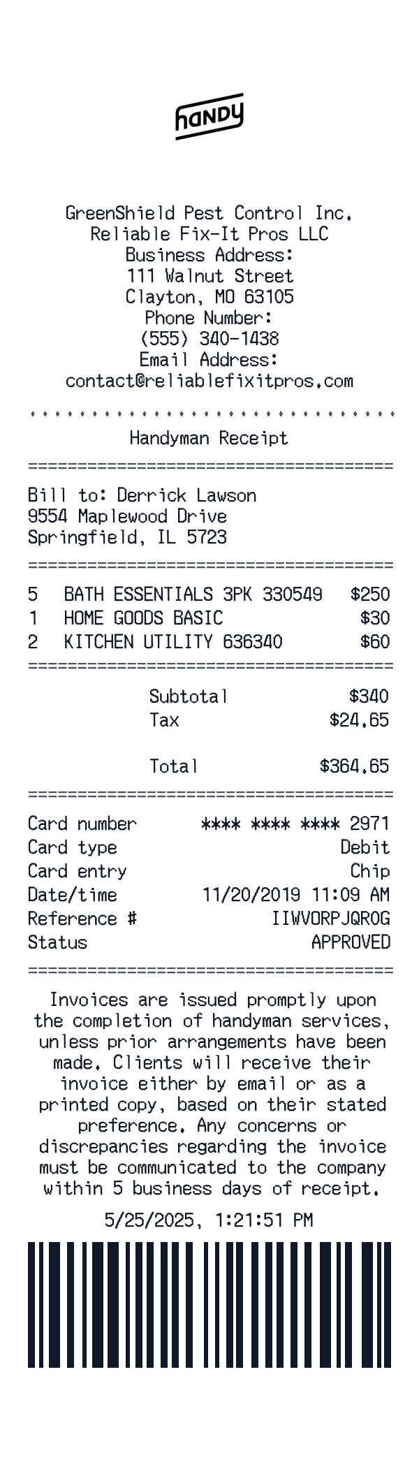 Handy receipt template example