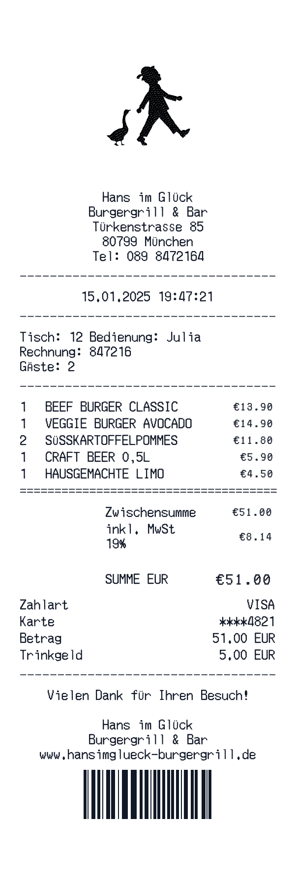 Hans im Glück receipt template example - restaurant receipt with itemized details, prices, and payment information
