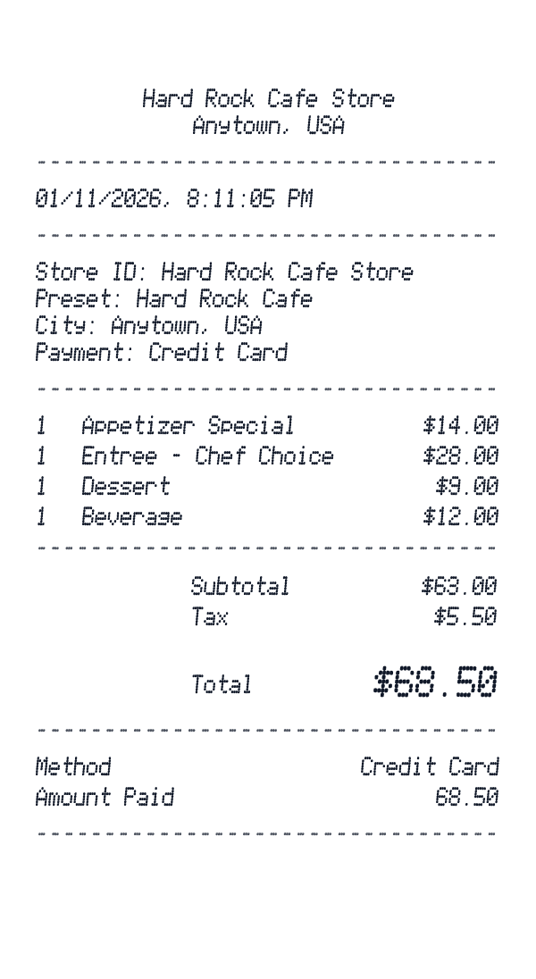 Hard Rock Cafe receipt preview