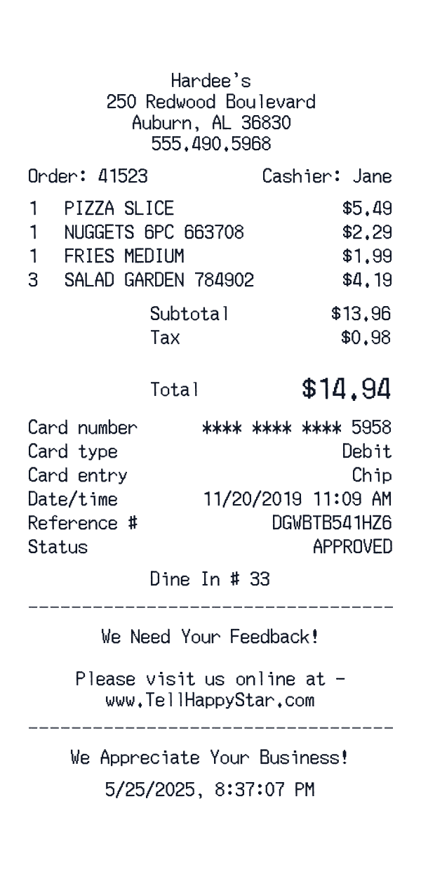 Hardee's receipt preview