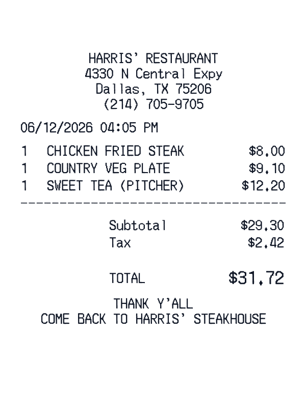 Harris’ Restaurant receipt template generator preview