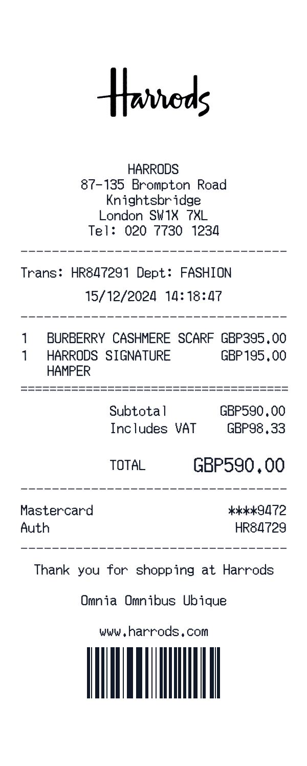 Harrods receipt template example