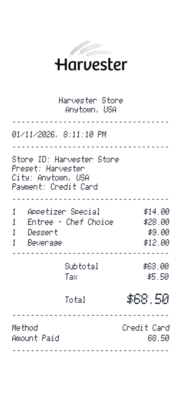 Harvester receipt preview