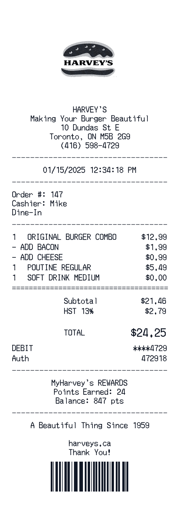Harvey's receipt template example - fast food receipt with itemized details, prices, and payment information