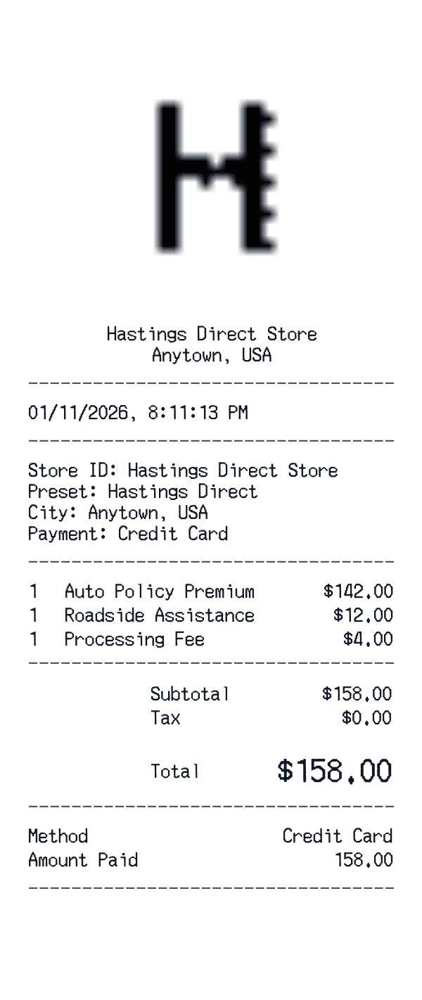 Hastings Direct receipt template example - insurance receipt with itemized details, prices, and payment information