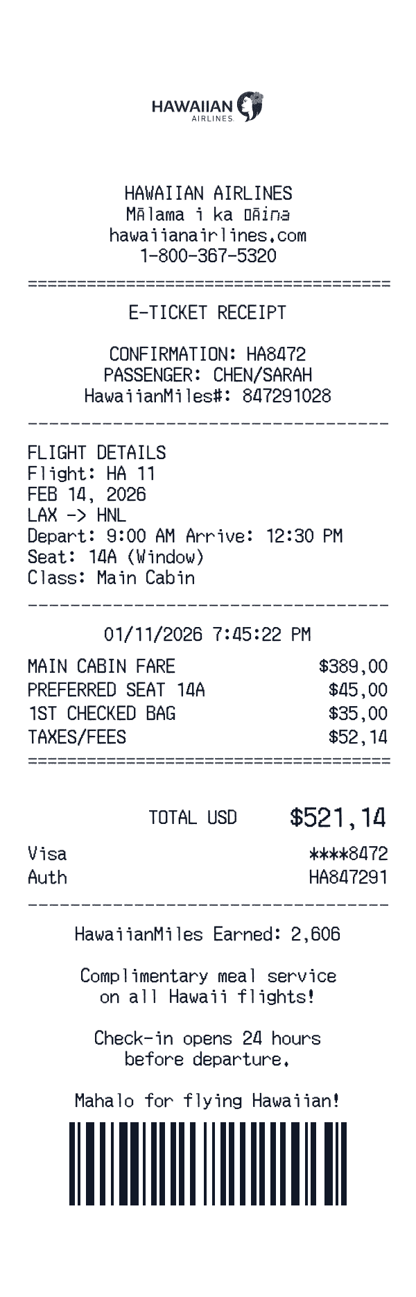 Hawaiian Airlines receipt template example