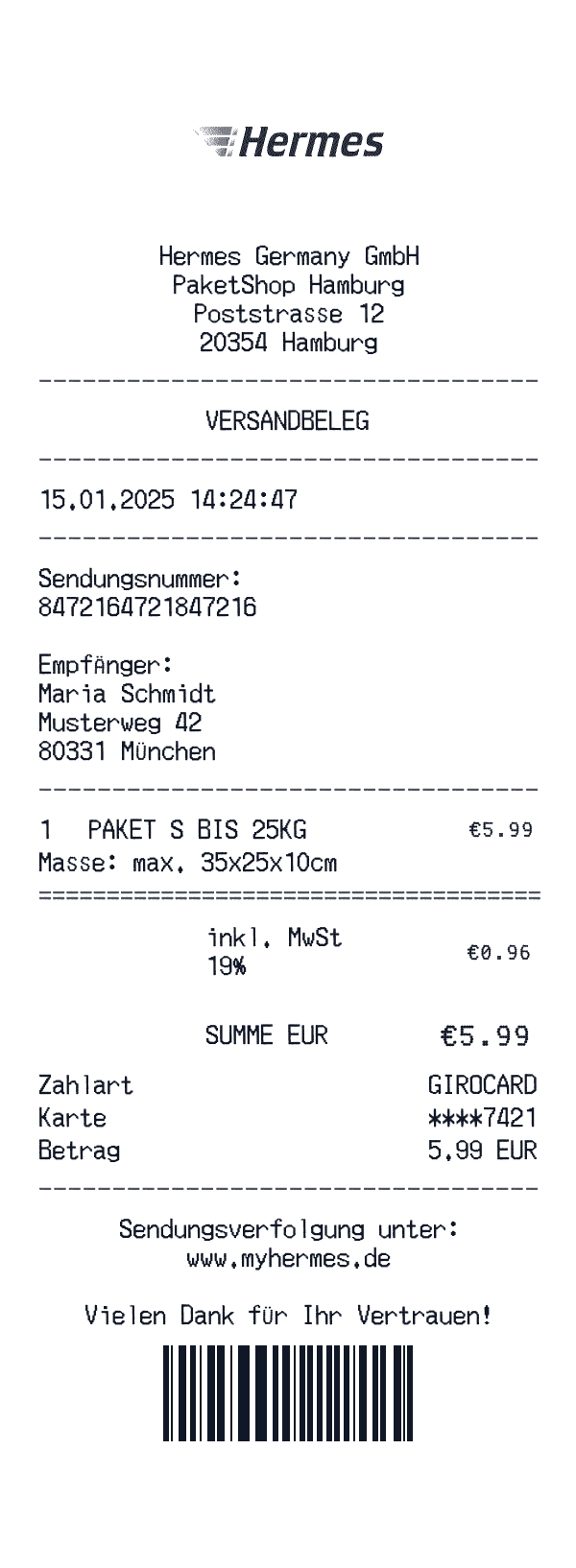 Hermes receipt template example - other receipt with itemized details, prices, and payment information